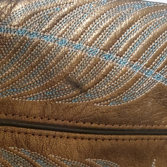 ARIAT ROUNDUP LEATHER WOMEN PULL ON COWBOY BOOT WIDE CALF. brown Gold Turquise. - Picture 9 of 16